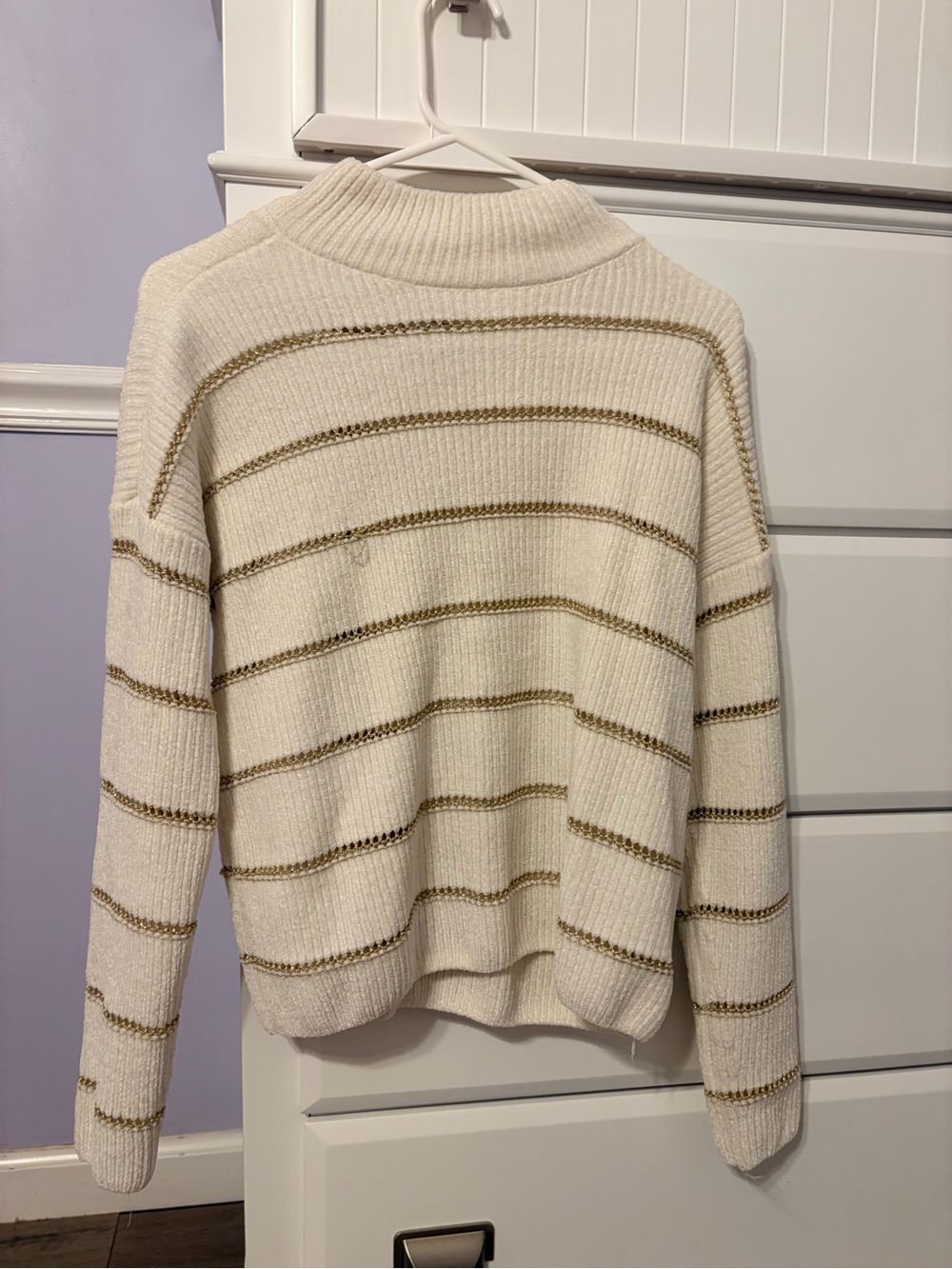 Rachel Zoe Cream Ribbed Turtleneck Sweater with Gold Stripes